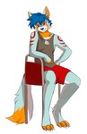 anthro black_clothing black_shirt black_topwear blue_hair bottomwear chair clothing dog_tags fur furniture hair hand_on_hip looking_at_viewer male multicolored_body multicolored_fur on_chair red_bottomwear red_clothing red_eyes red_shorts shirt shorts sitting sitting_on_chair smile smiling_at_viewer smirk smirking_at_viewer solo topwear unknown_artist falcon_woodwere arctic_wolf canid canine canis mammal wolf hi_res