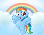 blue_body blue_feathers blue_fur cloud cutie_mark feathered_wings feathers female fur hair happy multicolored_hair multicolored_tail outside rainbow rainbow_arch rainbow_hair rainbow_tail sky solo tail wings aleximusprime friendship_is_magic hasbro my_little_pony mythology rainbow_dash_(mlp) equid equine mammal mythological_creature mythological_equine pegasus