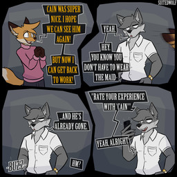 4_panel annoyed anthro bottomwear buzzing cellphone clock clothing collared_shirt color_coded_text dialogue dress_shirt duo electronics excited eye_bags grey_body hands_on_hips hands_together holding_cellphone holding_object holding_phone looking_at_another looking_at_cellphone looking_at_object looking_at_phone male motion_blur motion_lines name_in_dialogue orange_body phone running shirt speech_bubble sweater tail text topwear watch white_clothing white_shirt white_topwear wristwatch suitedwolfie balthy_(suitedwolfie) k_(suitedwolfie) canid canine canis fox mammal northwestern_wolf red_fox true_fox wolf 1:1 comic english_text hi_res multiple_scenes