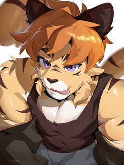 anthro bottomwear clothing fur fur_markings hair looking_at_viewer male markings multicolored_body multicolored_fur muscular muscular_male orange_body orange_fur pants pecs purple_eyes shirt solo striped_body striped_fur stripes tank_top tongue tongue_out topwear two_tone_body two_tone_fur lumii dawn_chorus torulf_(dawn_chorus) felid mammal pantherine tiger 3:4 absurd_res hi_res