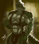 abs anthro areola armor barazoku biceps biped bulge clothed clothing fanfiction fangs fingers green_body harness headgear helmet leather male male_anthro muscular muscular_anthro muscular_male nipples non-mammal_nipples orange_eyes partially_clothed pecs solo tail teeth pinumontbalou league_of_legends riot_games tencent renekton crocodile crocodilian reptile scalie absurd_res digital_drawing_(artwork) digital_media_(artwork) digital_painting_(artwork) hi_res story story_at_source story_in_description