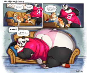 anthro baseboard between_breasts big_breasts big_butt black_body black_fur blush breasts butt clothed clothing dialogue duo female fur furniture head_tuft hug huge_breasts huge_butt hyper hyper_butt inside light lying lying_on_sofa male male/female multicolored_body multicolored_fur muscular on_front on_sofa partially_clothed pawpads purple_pawpads smothering sofa text tuft two_tone_body two_tone_fur underwear wall_(structure) white_body white_fur gillpanda axton_(ns22) gillpanda_(character) bear felid giant_panda mammal pantherine tiger 2025 comic digital_drawing_(artwork) digital_media_(artwork) english_text hi_res lighting shaded signature