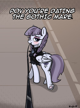 alternative_fashion black_clothing blush clothing eyeshadow female feral goth grey_body hair leash leashed_viewer looking_at_viewer makeup mouth_hold purple_eyeshadow purple_hair solo text wings n-o-n friendship_is_magic hasbro my_little_pony mythology inky_rose_(mlp) equid equine mammal mythological_creature mythological_equine pegasus english_text hi_res meme