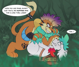 anthro belt bracelet dialogue duo excited_expression feet female feral foot_fetish foot_focus forest forest_background genitals grapple grappling hand_holding interspecies jewelry male male/female map nature nature_background paw_on_mouth paws plant scared sharp_teeth spiked_bracelet spikes stepping_on_face teeth text threatening threatening_words tree vulva worried worried_look wrestling wax_feather nintendo pokemon pokemon_mystery_dungeon spike_chunsoft fan_character genesis_(fiver) ghost_(sparkylightvee) buizel generation_4_pokemon legendary_pokemon pokemon_(species) shaymin sky_forme_shaymin english_text hi_res