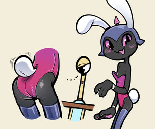 anthro armor black_body blush breasts bunny_costume butt claws clothed clothing costume duo fake_ears fake_rabbit_ears fake_rabbit_tail fake_tail female footwear headgear helmet legwear leotard looking_at_viewer melee_weapon nipples open_mouth paws pink_sclera rabbit_ears short_tail simple_background smile socks solo spikes sword tail weapon young itsunknownanon immerrechthau_(pinkmoth) magpie_(pinkmoth) animate_inanimate domestic_cat felid feline felis living_melee_weapon living_sword living_weapon mammal 2023 digital_media_(artwork)