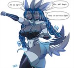 2_heads 3_breasts 5_fingers anthro blue_hair braided_hair breasts cleavage clothed clothing dialogue female fingers hair legwear multi_breast multi_head simple_background thigh_highs white_background luvon hi_res