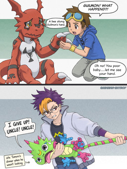 angry anthro bodily_fluids brown_hair claws clothing crying eyewear glasses green_body group hair humor jacket juxtaposition male multicolored_hair red_body tears text tongue tongue_out topwear whining arabianbatboy bandai_namco digimon digimon_beatbreak takato_matsuki tomoro_tenma digimon_(species) gekkomon guilmon human mammal scalie 3:4 comic english_text hi_res