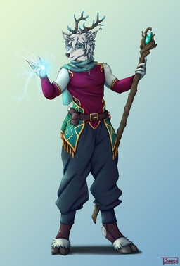 angry anthro antler_jewelry antlers armwear belt blue_eyes bottomwear clothed clothing collared_shirt crystal electricity electricity_manipulation elemental_manipulation facial_tattoo fluffy fluffy_ears fluffy_hair fully_clothed fur fur_spots glowing glowing_antlers glowing_eyes grey_body grey_fur hair holding_object holding_weapon hooves horn inner_ear_fluff jewelry legwear lightning lightning_bolt looking_at_viewer magic magic_user male moon_pendant multicolored_body pants pendant potion pouch_(clothing) scarf shirt simple_background slightly_open_mouth solo staff tail tassels tattoo tired tired_eyes topwear tuft two_tone_body weapon white_body white_fur white_hair sinarts dungeons_and_dragons hasbro wizards_of_the_coast nimril_(sinarts) cervine deer elk mammal absurd_res hi_res
