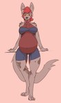 anthro arm_support belly big_belly black_spots bottomwear bra brown_body brown_fur chest_tuft claws clothing digitigrade female fur hair looking_at_viewer markings orange_eyes pregnant pregnant_anthro pregnant_female red_body red_fur red_hair shorts smile solo spots spotted_body spotted_fur tuft underwear dima_(artist) aster_(dima) canid canine canis mammal wolf 2022 absurd_res hi_res