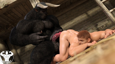 abs anal anthro anthro_penetrating anthro_penetrating_human balls bareback black_body black_fur dominant duo fur genitals hair horn human_on_anthro human_penetrated interspecies larger_anthro larger_dom male male/male muscular muscular_anthro muscular_male nude pecs penetration penis red_hair sex size_difference smaller_human smaller_penetrated dazswole bovid bovine cattle human mammal 16:9 3d_(artwork) digital_media_(artwork) hi_res widescreen