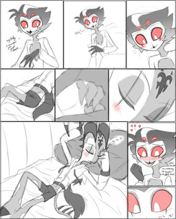 anthro blush bottomwear clothed clothing container cup dialogue duo eyes_closed feathers furniture holding_container holding_cup holding_object horn lying male on_back pillow red_body red_eyes shorts simple_background sleeping smile sofa tail text topwear angelofhapiness hellaverse helluva_boss blitzo_(helluva_boss) stolas_(helluva_boss) avian bird demon humanoid imp owl owl_demon comic digital_media_(artwork) english_text hi_res monochrome sketch