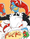 blue_body blue_skin clothing female food fruit hair ketchup lettuce maid_uniform name_tag plant plate red_hair simple_background smile solo tomato uniform vegetable yellow_sclera pugthe2ro undertale undertale_(series) undyne animal_humanoid fish fish_humanoid humanoid marine marine_humanoid absurd_res hi_res