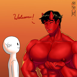 2_horns abs big_muscles big_pecs black_hair duo eyes_closed fangs hair horn huge_pecs male muscular muscular_humanoid muscular_male nipples pecs red_body red_skin teeth text kyokudoni asian_mythology east_asian_mythology japanese_mythology mythology bokken_(kyokudoni) demon humanoid oni yokai 1:1 english_text hi_res