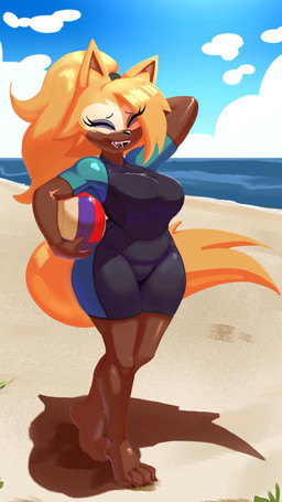 anthro ball beach big_breasts blonde_hair breasts brown_body clothing eyelashes eyes_closed facial_markings feet female hair hand_behind_head head_markings markings mask_(marking) open_mouth open_smile outside ponytail smile solo swimwear teeth thick_thighs volleyball_(ball) wetsuit wide_hips makof4ce idw_publishing sega sonic_the_hedgehog_(comics) sonic_the_hedgehog_(idw) sonic_the_hedgehog_(series) whisper_the_wolf canid canine canis mammal wolf 2026 absurd_res hi_res