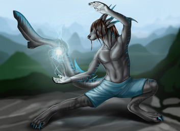 action_pose anthro blue_body blue_skin bottomwear claws clothed clothing ear_piercing facial_piercing fin glowing grey_body grey_skin horn magic male nose_piercing piercing pose shorts solo spell stripes tail topless biological mythology aquatic aquatic_dragon dragon fish hybrid mythological_creature mythological_scalie scalie shark 2014 shaded