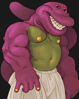 anthro belly black_eyes bottomwear burly clothed clothing colored_nails green_belly lips long_tail male musclegut muscular muscular_arms muscular_male nails nipples pecs pose purple_body purple_skin relaxing shirt_off shorts simple_background slightly_chubby slightly_chubby_male smile solo sportswear standing tail teeth thick_arms thick_lips topless yellow_nails yellow_navel yellow_nipples ravuer barney_and_friends pbs barney dinosaur prehistoric_species reptile scalie 4:5 absurd_res hi_res