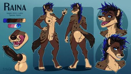 abs animal_genitalia animal_penis anthro areola arm_tuft ball_tuft balls big_balls big_breasts big_penis black_hair black_nails blue_eyes blue_hair bodily_fluids breasts brown_body brown_fur butt canine_genitalia canine_penis chest_tuft color_swatch colored_nails crotch_tuft dripping elbow_tuft fur genital_fluids genitals glistening glistening_balls glistening_breasts glistening_butt glistening_genitalia glistening_hair glistening_knot glistening_nipples glistening_penis grin gynomorph hair hand_on_hip hip_tuft intersex knot knotted_penis leg_tuft licking licking_lips looking_at_viewer muscular muscular_intersex nails navel neck_tuft nipple_piercing nipples one_eye_obstructed open_mouth penis piercing precum precum_drip raised_hand self_lick sharp_teeth sheath shoulder_tuft simple_background smile smirk solo spots tail tan_body tan_fur teeth text thigh_tuft tongue tongue_out tuft ariagoldberry raina_(kaoruaoki) hyena mammal spotted_hyena 2025 absurd_res english_text hi_res model_sheet