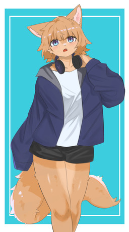 anthro blush bottomwear clothing electronics female hair headgear headphones headset jacket kemono shirt shorts simple_background solo tail topwear mametunu canid canine canis mammal wolf 2024 absurd_res digital_drawing_(artwork) digital_media_(artwork) hi_res
