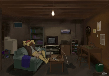 appliance basement bedding blanket bodily_fluids book bookshelf box cabinet chair container controller cup dartboard desk electronics flaccid furniture game_controller genital_fluids genitals inside lamp laundry_basket laundry_machine light_bulb male painting penis picture_frame sofa solo table television text trash_can urine urine_stream washing_machine window wild_strokes canid canine mammal english_text hi_res
