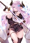 big_breasts blue_eyes bottomless breasts cleavage clothed clothing female hair hair_over_eye horn humanoid_pointy_ears melee_weapon one_eye_obstructed pink_hair pointy_ears solo sword weapon an_yasuri cygames granblue_fantasy narmaya arthropod butterfly draph horned_humanoid humanoid insect lepidopteran mammal 2020 absurd_res hi_res