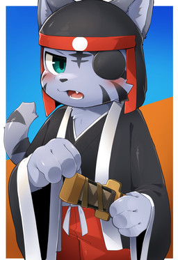4_fingers anthro asian_clothing black_clothing black_eye_patch black_eyewear black_kimono blue_background blush border bottomwear clothing east_asian_clothing eye_patch eyewear fangs fingers fur green_eyes grey_body grey_fur headdress japanese_clothing kimono looking_at_viewer male melee_weapon open_mouth orange_background pants red_bottomwear red_clothing red_pants serious simple_background solo sword tail teeth weapon white_border young young_anthro young_male kemokemo02091 bemani konami pop'n_music kagetora_(pop'n_music) felid mammal pantherine tiger 2025 absurd_res hi_res japanese_description