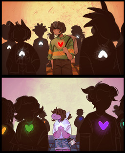 accessory ambiguous_gender anthro backpack blue_heart bottomwear bow_ribbon brown_hair clothing female green_heart group hair hair_accessory hair_bow hair_over_eyes hair_ribbon heart_symbol male obscured_eyes orange_heart pants purple_body purple_heart purple_skin red_heart ribbons school shirt shorts silhouette silhouetted_body simple_background surrounded sweater teal_heart topwear white_heart yellow_heart clopiya deltarune undertale_(series) kris_dreemurr susie_(deltarune) felid feline human mammal monster reptile scalie soul_(undertale) hi_res
