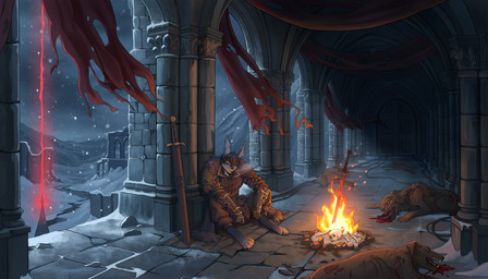 anthro bonfire castle death drape feral gore male night snow solo lowereth dark_souls fromsoftware osiris_(ayosiris) canid canine lagomorph mammal 7:4 absurd_res hi_res