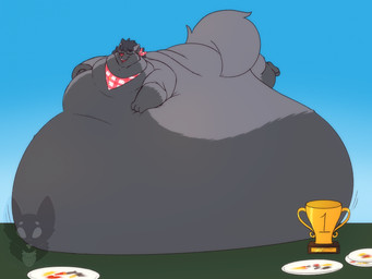 anthro award belly big_belly bloated eating_contest fluffy fluffy_tail fur gloves_(marking) grey_body grey_fur grey_tail huge_belly hyper hyper_belly kerchief leg_markings male male_anthro markings morbidly_obese morbidly_obese_anthro morbidly_obese_male neckerchief neckwear obese obese_anthro obese_male overweight overweight_anthro overweight_male plaid plate red_kerchief red_neckerchief red_nose socks_(marking) solo tail trophy strawberrymilkdog nintendo pokemon canid generation_3_pokemon mammal pokemon_(species) poochyena 2023 hi_res