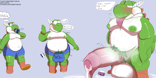 anthro balls beverage_can big_balls big_moobs big_penis blue_eyes blush bodily_fluids boots bottomwear clothing daddyfication dialogue expansion footwear foreskin genital_expansion genital_fluids genitals glans green_body green_nipples green_pubes growth half-closed_eyes huge_balls huge_penis hyper hyper_balls hyper_genitalia hyper_penis leaking_precum male moobs musk narrowed_eyes nipples obese obese_male overweight overweight_male penis penis_expansion pink_glans precum pubes shoes shorts simple_background solo sweat sweaty_body tail text thought_bubble throbbing throbbing_penis tongue tongue_out weight_gain white_balls white_body white_penis seriftarkus mario_bros nintendo yoshi 2025 absurd_res digital_media_(artwork) hi_res sequence url