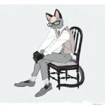 :< anthro blonde_hair chair clothed clothing eyewear fur furniture glasses grey_body grey_fur hair heterochromia looking_at_viewer male simple_background sitting solo mucknagabe animal_crossing nintendo raymond_(animal_crossing) domestic_cat felid feline felis mammal hi_res signature