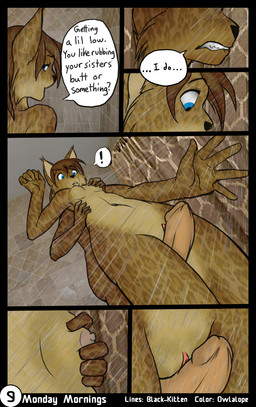 adolescent adolescent_on_adolescent anthro bath bathroom blue_eyes breast_grab breast_squeeze breasts brown_body brown_fur brown_hair clenched_teeth close-up dialogue duo ellipsis erection exclamation_point female fur genitals grabbing_from_behind grinding hair hand_on_breast humanoid_genitalia humanoid_penis humanoid_vulva intraspecies looking_at_genitalia looking_at_penis low-angle_view male male/female nipples nude penis pussyjob question_mark rubbing sex shower sibling_incest squeezing standing surprise_sex surprised teeth text thigh_sex vaginal vulva water wet wide_eyed young young_anthro young_female young_male young_on_young black-kitten owlalope sebastien_(black-kitten) serah_(black-kitten) felid feline lynx mammal 2015 artist_collaboration brown_theme comic english_text hi_res brother_(lore) brother_and_sister_(lore) incest_(lore) sibling_(lore) sister_(lore) twincest_(lore) twins_(lore)