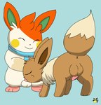 2023 anus artist_logo backsack balls blue_background brown_body brown_fur cheek_bulge duo eevee eyes_closed fellatio feral feral_on_feral feral_penetrated feral_penetrating feral_penetrating_feral fur generation_1_pokemon generation_9_pokemon genitals logo male male/male male_penetrated male_penetrating male_penetrating_male nintendo nise_pawmo oral orange_body orange_fur pawmo penetration penile penis pichu90 pokemon pokemon_(species) scarf sex simple_background tan_body tan_fur tapering_penis