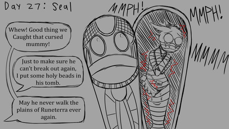 anthro bdsm bodily_fluids bondage bound crying dialogue fur genitals male mummification penetration penis sarcophagus sex_toy sex_toy_in_urethra sex_toy_insertion solo tears text urethral urethral_penetration vibrator vibrator_in_urethra skinnerthehammer kinktober kinktober_2025 league_of_legends riot_games tencent veigar yordle 16:9 2025 english_text hi_res widescreen