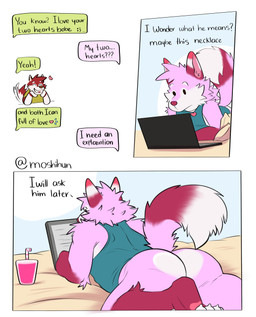 anthro bedding beverage black_eyes black_text bottomless bottomless_anthro bottomless_male butt butt_heart circle_eyebrows clothed clothing computer container cup dialogue dipstick_ears dipstick_tail duo ear_markings electronics emoji eyebrows fur head_tuft heart_necklace heart_symbol humor jewelry laptop lying male markings multicolored_ears neck_tuft necklace on_front pink_body pink_fur pink_inner_ear red_body red_fur shirt tail tail_markings tank_top text texting topwear tuft white_body white_eyebrows white_fur moshihun canid canine canis domestic_dog fox mammal 2024 absurd_res artist_name comic english_text hi_res