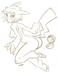 anthro anthrofied breasts butt female looking_at_viewer pokeball pokemorph solo tail satto nintendo pokemon generation_1_pokemon mammal pikachu pokemon_(species) rodent monochrome