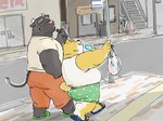 2022 4:3 anthro belly big_belly black_body bottomwear bovid bovine butt canid canine canis cattle clothing domestic_dog duo footwear hi_res humanoid_hands kemono male mammal outside overweight overweight_male pants pommn_mn sandals shirt shoes shorts topwear walking