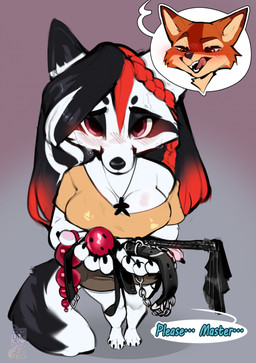 4_toes 5_fingers anal_beads anthro ball_gag biped black_hair black_tail blush bottomwear breasts claws clothed clothed_anthro clothed_female clothing collar dialogue feet female finger_claws fingers front_view fully_clothed fully_clothed_anthro fully_clothed_female fur gag hair holding_object jewelry looking_at_viewer necklace pink_eyes sex_toy simple_background solo speech_bubble standing tail text toe_claws toes topwear white_body white_fur cocoline_(artist) canid canine fox mammal 2025 digital_drawing_(artwork) digital_media_(artwork) english_text hi_res