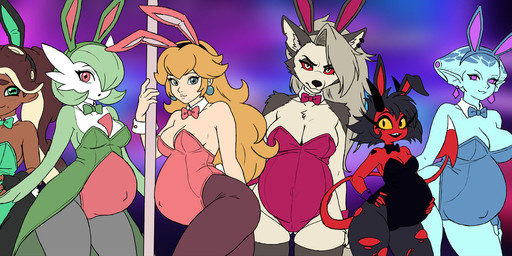 anthro belly big_belly big_breasts black_eyes breasts cleavage clothed clothing female green_eyes group looking_at_viewer multiple_pregnancies playboy_bunny pregnant pregnant_anthro pregnant_female pregnant_human pregnant_humanoid purple_eyes red_sclera white_eyes yellow_sclera arrowdark hellaverse helluva_boss mario_bros nintendo ocarina_of_time playboy pokemon splatoon the_legend_of_zelda loona_(helluva_boss) marina_(splatoon) millie_(helluva_boss) princess_peach princess_ruto aquatic canid canine canis cephalopod demon gardevoir generation_3_pokemon human humanoid mammal mollusk octarian octoling pokemon_(species) wolf zora