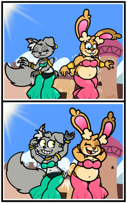 2_panel_comic 4_fingers anthro arms_bent belly belly_dancer belly_dancer_outfit belly_dancing belly_overhang big_belly black_nose blue_eyes border bottomwear bra bracelet breasts buckteeth castle cheek_tuft claws cleavage clothed clothed_anthro clothed_female clothing cloud day duo ear_tuft eyes_closed facial_tuft female female_anthro fingers fluffy fluffy_tail fully_clothed fully_clothed_anthro fully_clothed_female fur gold_(metal) gold_bracelet gold_jewelry gold_necklace green_eyes grey_body grey_fur grey_hair grey_inner_ear_fluff grey_tail hair hands_behind_head happy hip_bump inner_ear_fluff jewelry light long_tail medium_breasts midriff motion_lines navel necklace notched_ear open_mouth open_smile outside overweight overweight_anthro overweight_female pants pink_bottomwear pink_bra pink_clothing pink_inner_ear pink_nose pink_pants pink_tongue pink_underwear scut_tail short_hair short_tail slightly_chubby slightly_chubby_female smile smiling_at_another sun tail tan_body tan_fur tan_tail teal_bottomwear teal_bra teal_clothing teal_pants teal_underwear teeth tongue toothy_smile tuft two_tone_tail underwear whiskers white_border white_claws captainquack64 caramel_(captainquack64) greycie_(captainquack64) domestic_cat felid feline felis lagomorph leporid mammal rabbit 2025 absurd_res colored comic digital_media_(artwork) english_description hi_res lighting