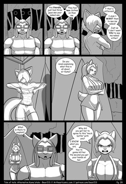 anthro big_breasts breasts clothed clothing cybernetics dialogue dreadlocks eyewear female glasses hair hair_over_eyes machine male muscular muscular_anthro muscular_female muscular_male small_breasts text topless topless_anthro topless_female topless_male bear213 kuma's_tale dorthie_eris_gronn kuma_grizzly lillie_krasnie ailurid bear deer mammal red_panda absurd_res black_and_white comic english_text hi_res monochrome