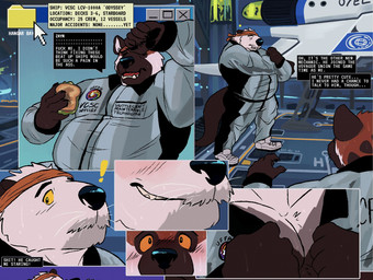 aircraft airplane anthro belly blush bottomwear clothing co-worker duo exclamation_point eye_contact facial_hair food footwear grin hangar kerchief looking_at_another male manly mature_male muscular mustache overalls pants pecs sandwich_(food) shirt shoes slightly_chubby smile speech_bubble text tired topwear undressing vehicle work_uniform yellow_sclera cosmictail forrest_(cosmictail) zayn_(cosmictail) hyena mammal mustelid otter sea_otter 2025 hi_res