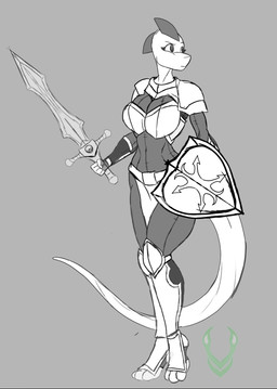 anthro armor belt bottomwear breastplate breechcloth clothing crotch_apron female footwear frill_(anatomy) greaves grey_background head_crest head_frill melee_weapon pauldron scutes shield simple_background solo sword tail toeless_footwear topwear weapon justathereptile june_(justathereptile) komodo_dragon lizard monitor_lizard reptile scalie 2026 digital_media_(artwork) greyscale hi_res monochrome sketch watermark herm_(lore)