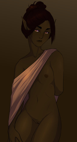 breasts clothed clothing dark_body dark_skin female genitals hair mostly_nude nipples not_furry simple_background solo vulva mozozenoe elf humanoid mammal 2019 absurd_res hi_res source_request
