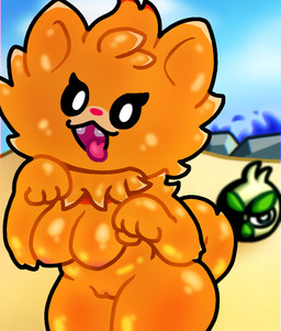 anthro beach breasts female genitals looking_at_viewer nipples orange_body pokemorph solo tail tongue vulva kitty_doodles nintendo pokemon pokemon_winds_and_waves browt generation_10_pokemon pokemon_(species) pombon 2026 digital_drawing_(artwork) digital_media_(artwork) hi_res
