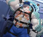 abs anthro clothing gesture male muscular muscular_anthro muscular_male nipples pecs police police_hat police_officer police_uniform salute shirtless solo straps uniform ratontheraccoon asian_mythology east_asian_mythology japanese_mythology lifewonders mythology tokyo_afterschool_summoners oguchi_magami_(tas) canid canine canis mammal wolf alternate_version_at_source hi_res