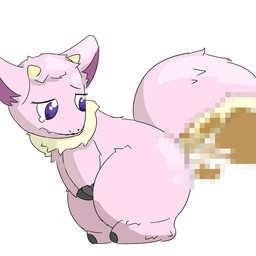 ambiguous_gender bodily_fluids butt covering covering_self crouching embarrassed fart fart_cloud feral fur hand_on_belly pink_body pink_fur pink_tail purple_eyes raised_tail side_view simple_background solo tail tears toony yellow_body yellow_fur young young_feral toilet_paper_(pixiv) mythology dragon mythological_creature mythological_scalie scalie 1:1 2026 censored digital_media_(artwork) mosaic_censorship
