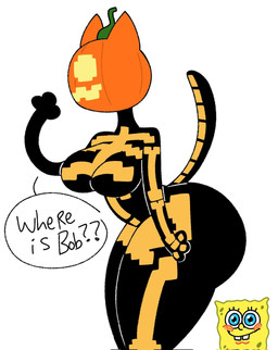 anthro big_breasts big_butt black_body breasts butt duo female food for_a_head fruit huge_butt humor male plant pumpkin pumpkin_head smile speech_bubble tail text thick_thighs itz_not_v epic_games fortnite nickelodeon spongebob_squarepants spice_(fortnite) domestic_cat felid feline felis mammal object_head hi_res