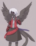 alternative_fashion anthro beak bell bell_collar biped black_body black_feathers bottomwear clothed clothing collar crossdressing emo feathered_wings feathers femboy front_view furgonomics grey_background hair looking_at_viewer male pink_eyes simple_background skirt solo spread_wings standing tail tail_through_skirt white_hair wings miri european_mythology greek_mythology mythology saka avian bird corvid corvus_(genus) crow hybrid mythological_avian mythological_bird mythological_creature mythological_firebird oscine passerine phoenix