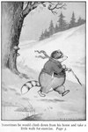 anthro barefoot black_body black_fur bottomwear button_(fastener) cane clothed clothing detailed_background feet fully_clothed fungus fur holding_object ice male markings outside overweight overweight_anthro overweight_male pants plant plantigrade ring_(marking) ringed_tail scarf sky smile snow solo striped_markings striped_tail stripes tail tail_markings text tree walking whiskers white_body white_fur winter harrison_cady public_domain the_adventures_of_bobby_coon bobby_coon mammal procyonid raccoon 1918 20th_century ancient_art english_text greyscale hi_res monochrome signature traditional_media_(artwork)