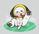 anthro balls bodily_fluids bottomless clothed clothing dripping genital_fluids genitals hoodie male penis precum precum_drip presenting simple_background solo spread_legs spreading tongue tongue_out topwear white_body conditional_dnp paulo_z bt21 line_friends chimmy_(bt21) hi_res